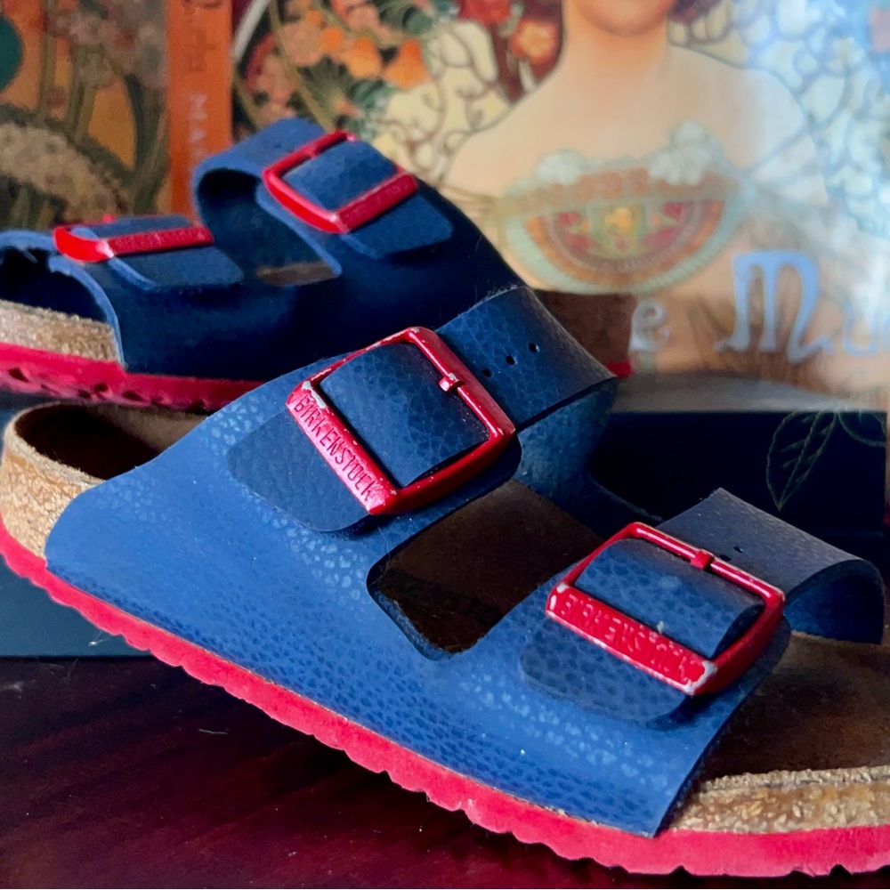 Birkenstock Blue Sandals with Red Buckles
